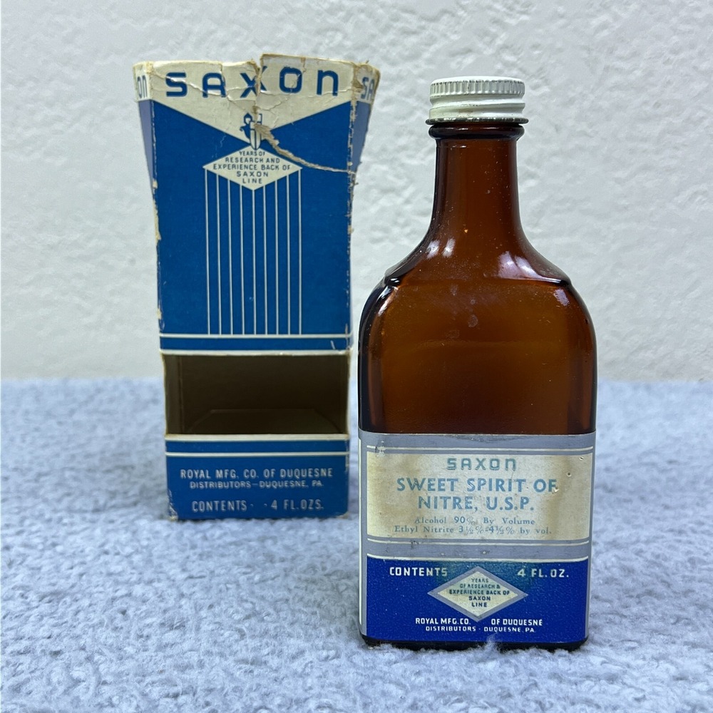 VTG Saxon Royal MFG Co Sweet Spirit of Nitre, USP 4‎ oz Bottle Amber Glass + Box